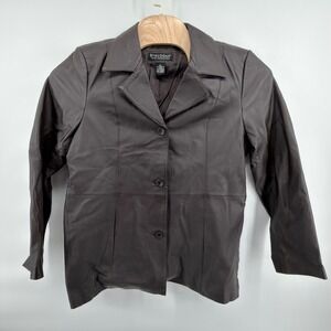 Dialogue Leather Blazer Jacket Womens L Brown Lined Button Front Career Classic